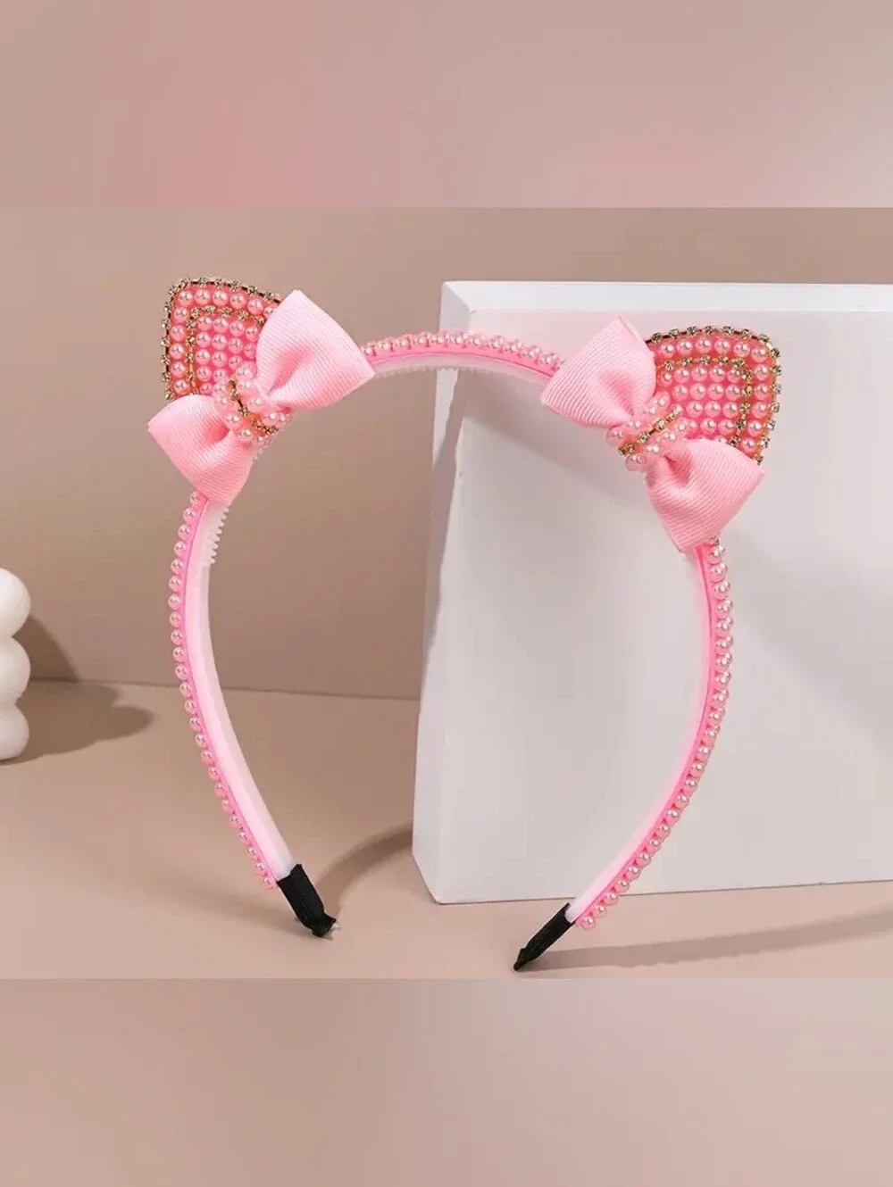 Pink Pearl Bow Cat-Ear Headband